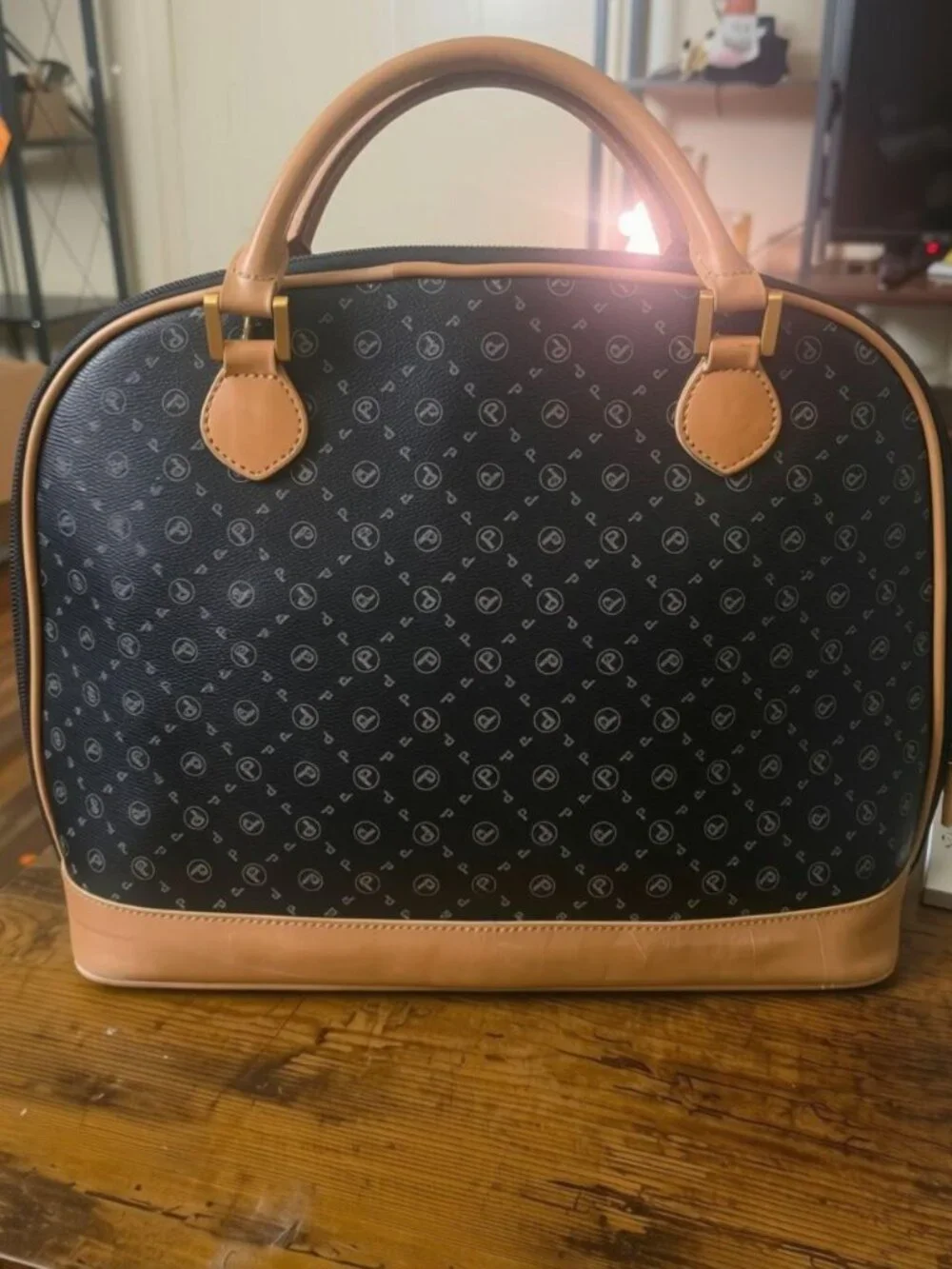 Vintage Picard Germany Monogram Dome Satchel Handbag Tan Leather Trim Y2K
